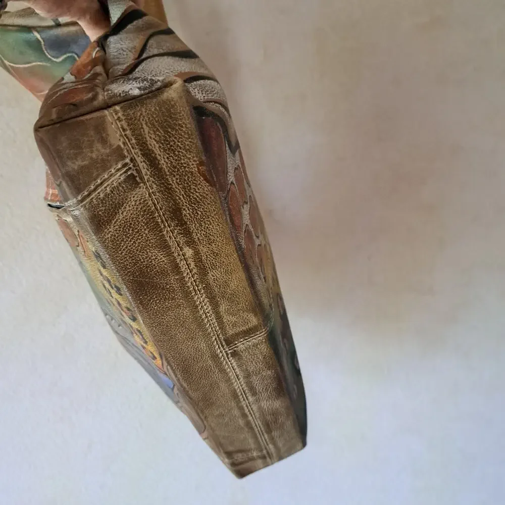 ANUSCHKA Hand Painted Leather Hobo Bag Safari Animal Print Shoulder Artisan